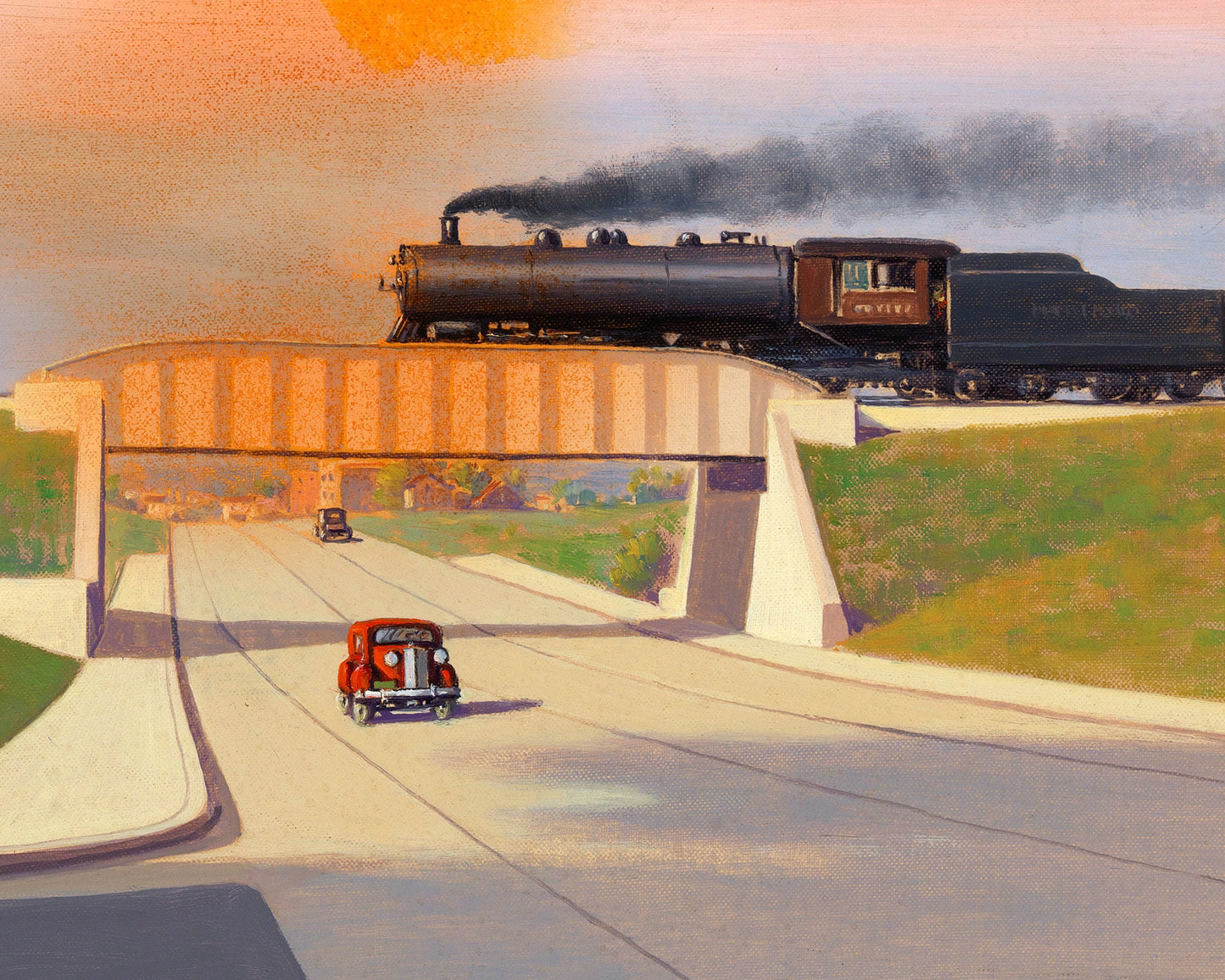 Vintage car and train print | 1930's vehicle | Automobile on road painting | Iowa highway scene | Transportation wall art | Steam locomotive