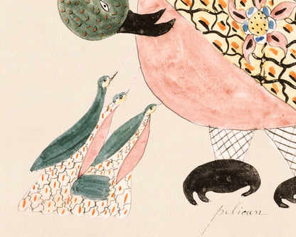 Arte popular de aves | Pelícano con crías | Mary Ann Willson | Arte mural americano | Dibujo ingenuo | Artista femenina | Impresión con patrón caleidoscópico