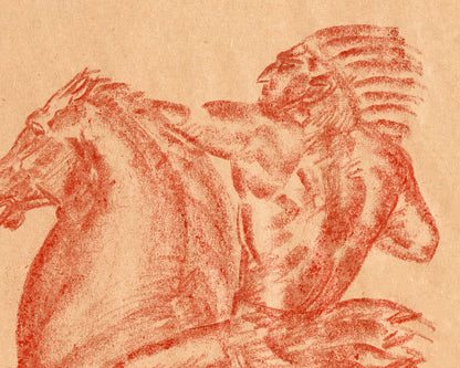 Dibujo de un nativo americano a caballo | Artista estadounidense Ivan Meštrović | Impresión artística en crayón sobre cartón | Arte mural indígena del siglo XIX