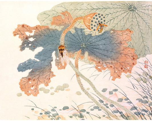 Arte vintage de abejas sobre loto | Avispa y cigarra sobre flor | Arte mural de historia natural japonesa | Pintura de plantas e insectos | Grabado en madera