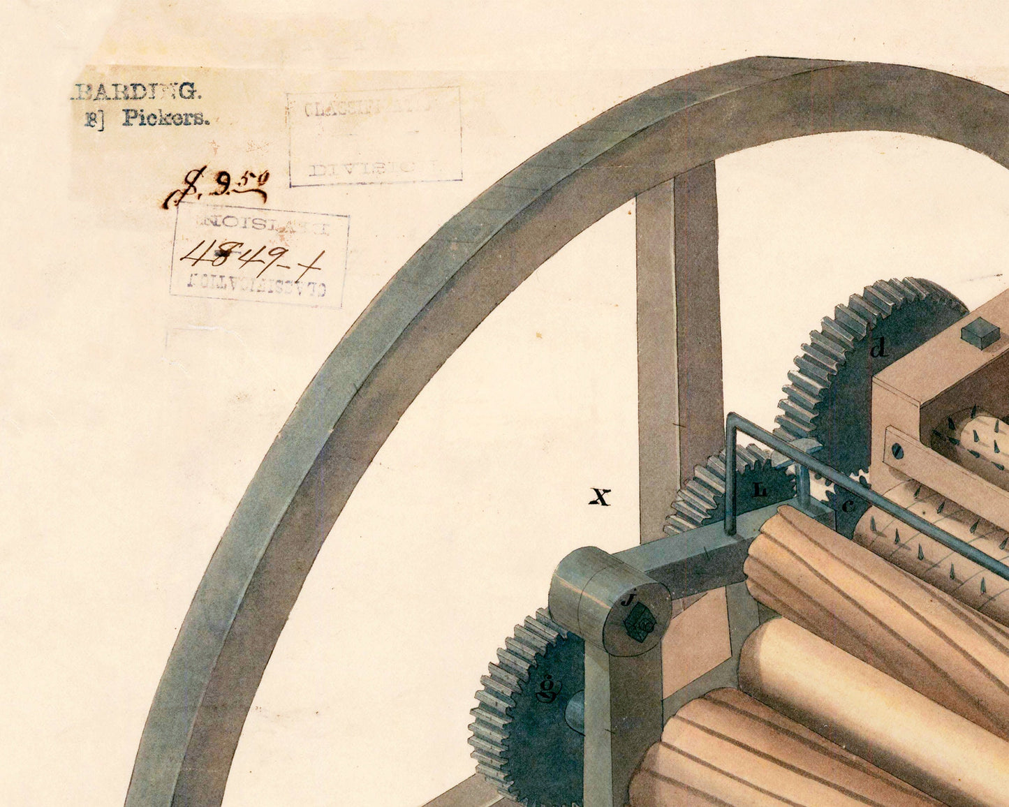 Dibujo de patente | Limpiador de algodón | Diagrama de ingeniería mecánica antigua | Innovación del siglo XIX | Inventos históricos de pequeñas empresas