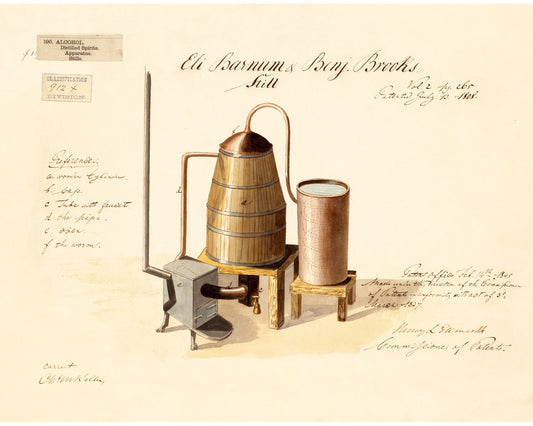 US patent drawing | Liquor still | Antique mechanical diagram | Alcohol and engineering wall decor | 19th century innovation and invention