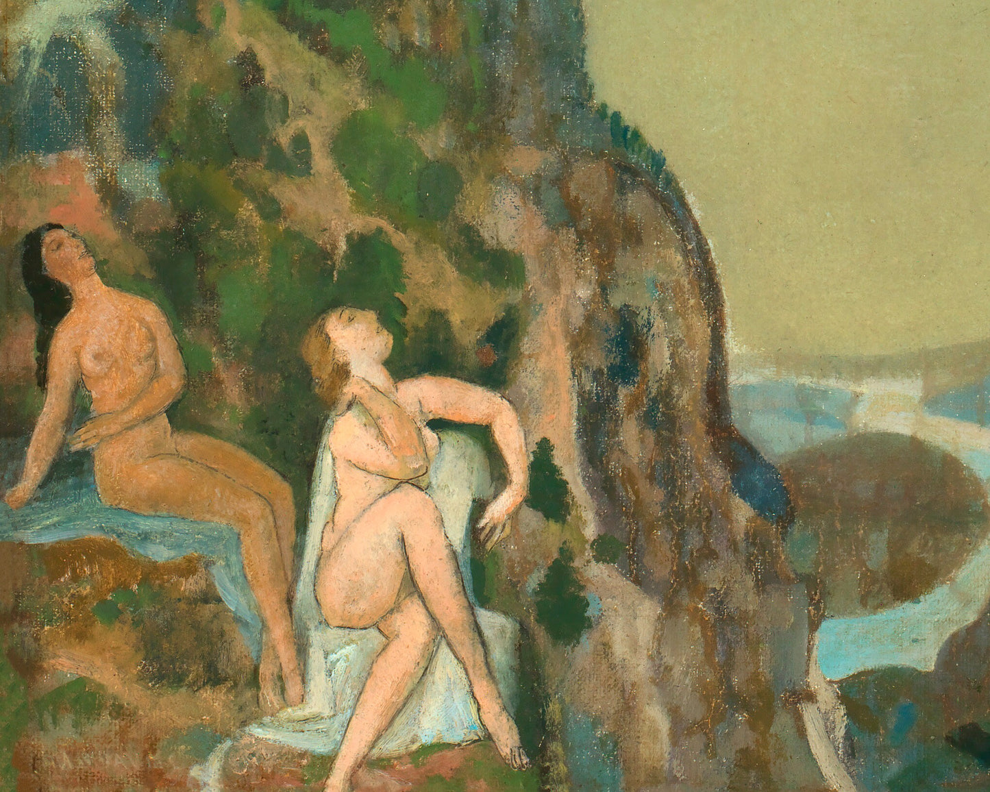 Bellas artes de mujeres nadando | En los acantilados | Arthur B. Davies | Pintura de desnudo femenino | Nadando desnudo | Arte mural de cabaña, lago y baño