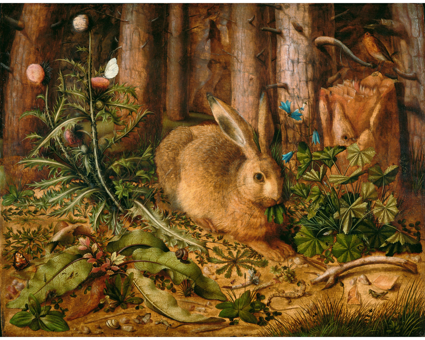 Woodland animal art | A Hare in the Forest | Enchanted forest | Vintage nature wall art | Rabbit, flowers, butterfly, bird, snail, lizard