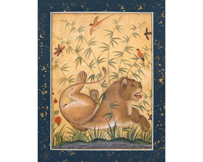 Cuadro antiguo de león entre flores | Historia natural del siglo XVII | Arte mural antiguo de animales y naturaleza | Pintor indio Ustad Mansur
