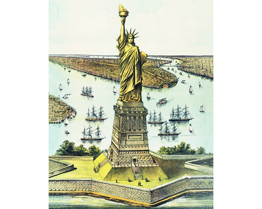 Vintage Statue of Liberty print | Americana art | Historic New York Harbor and boats | Art Deco wall art | Travel décor