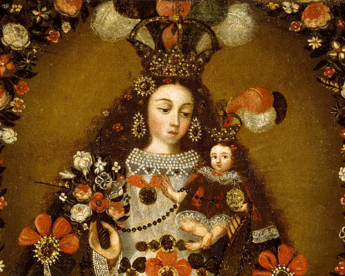 Pintura de la estatua de la Virgen de Pomata | Niño Jesús | Arte popular peruano | Icono religioso antiguo | Arte mural cristiano | Arte latinoamericano antiguo