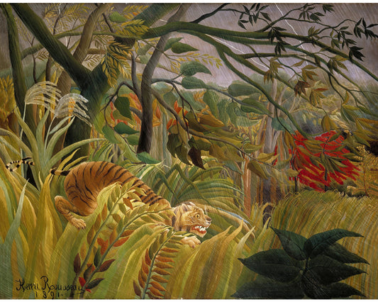 Arte de tigre vintage | Tigre sorprendido en una tormenta | Henri Rousseau | Arte primitivo e ingenuo | Arte mural de animales | Decoración de pared de safari en la jungla