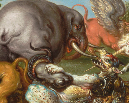 Lámina de animales míticos | Elefante luchando contra un dragón | Unicornio, grifo, serpiente, león, búho, mono | Arte de animales mágicos | Roelant Savery