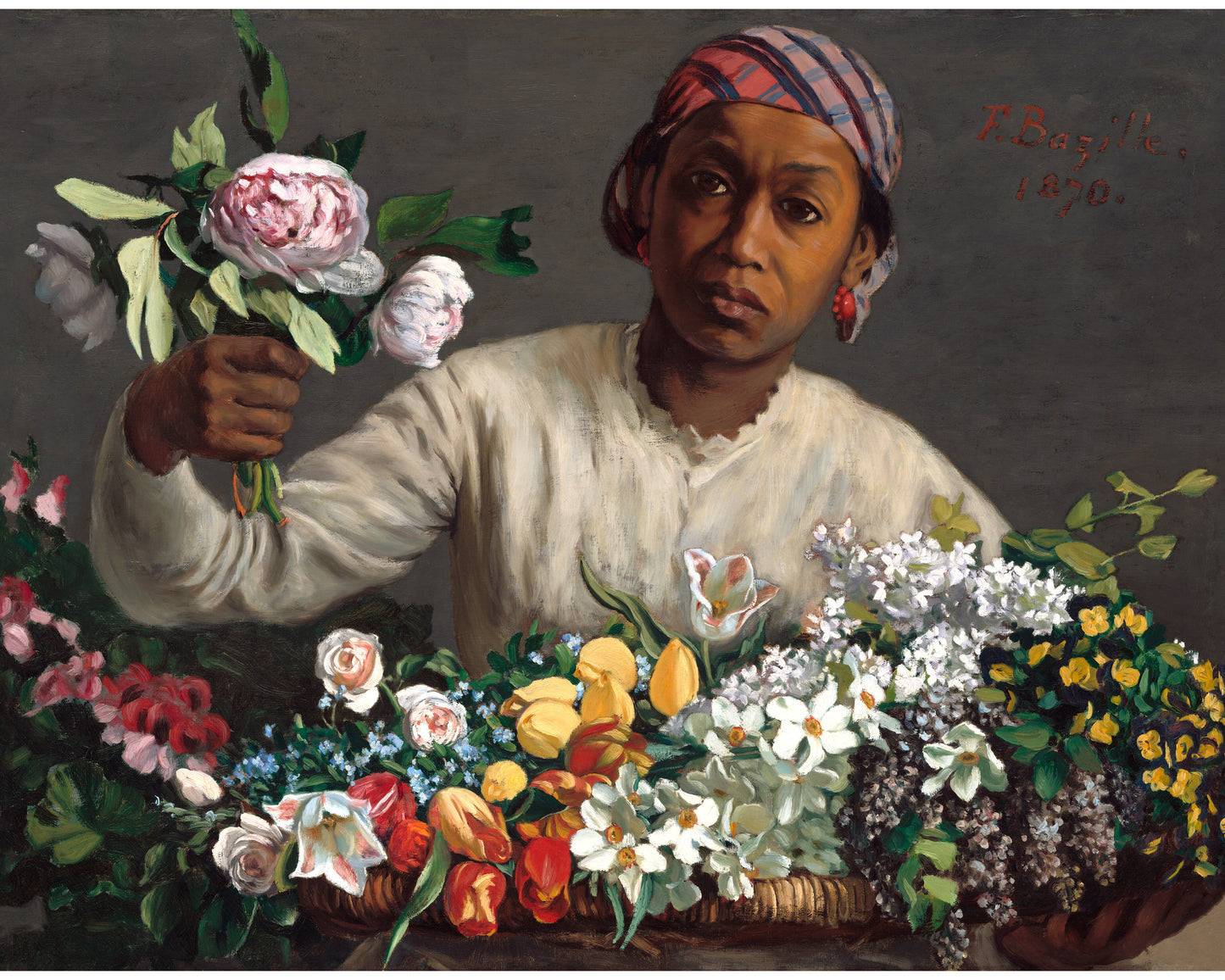 Mujer joven con peonías | Arreglos florales | Frederic Bazille | Arte mural en formato retrato | Arte del siglo XIX | Tema afroamericano de época