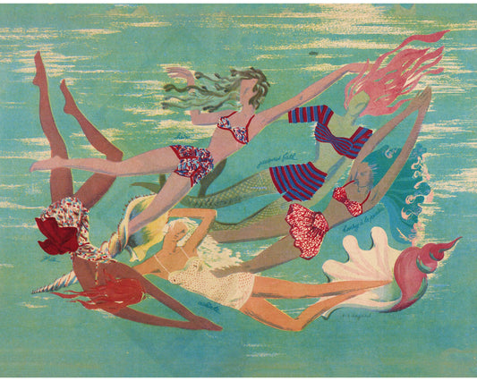 Ilustración vintage de sirena francesa | Mujeres en el agua | Revista La Femme | Arte mural de cabaña, lago y baño