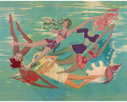 Ilustración vintage de sirena francesa | Mujeres en el agua | Revista La Femme | Arte mural de cabaña, lago y baño