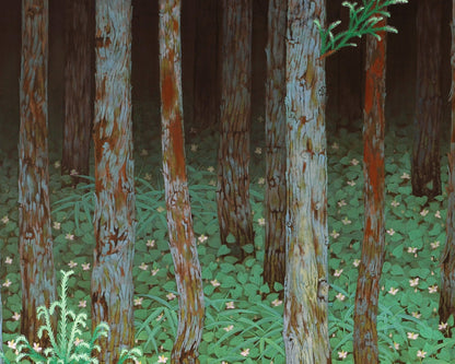 Impresión de arte vintage de bosque de fantasía | Comadreja en fresas silvestres | Arte mural de árboles y naturaleza | Katayama Bokuyo | Artista asiático