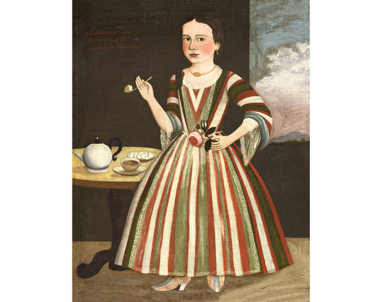 American folk art portrait | Vintage girl fixing tea with rose | Americana wall art | 18th century fashion plate | Kitchen wall art