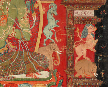 Lámina de arte tibetano | Tara verde | Diosa budista | Arte mural espiritual | Deidad femenina | Animales nepaleses antiguos | Árboles Bodhi | Arte oriental