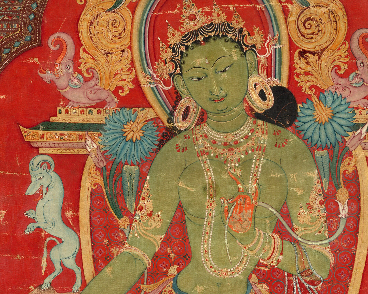 Lámina de arte tibetano | Tara verde | Diosa budista | Arte mural espiritual | Deidad femenina | Animales nepaleses antiguos | Árboles Bodhi | Arte oriental