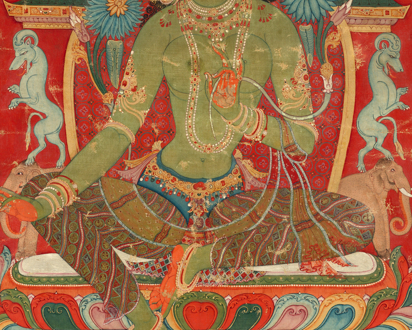 Tibetan art print | Green Tara | Buddhist Goddess | Spiritual wall art | Female deity | Vintage Nepalese animals | Bodhi trees | Eastern art