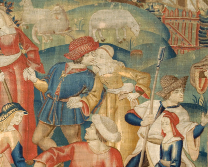 Impresión artística de danza pastoral | Pastores en danza circular | Arte de tapicería medieval | Escena pastoral con perro, oveja y castillo | Textil del siglo XVI