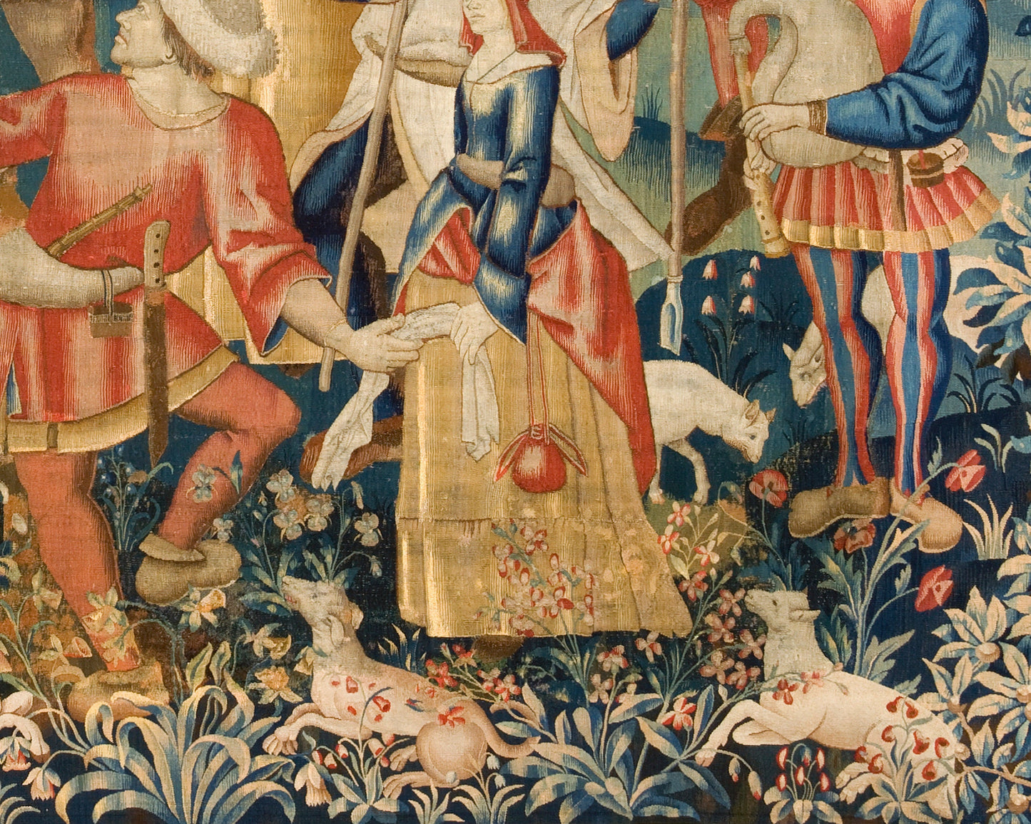 Impresión artística de danza pastoral | Pastores en danza circular | Arte de tapicería medieval | Escena pastoral con perro, oveja y castillo | Textil del siglo XVI