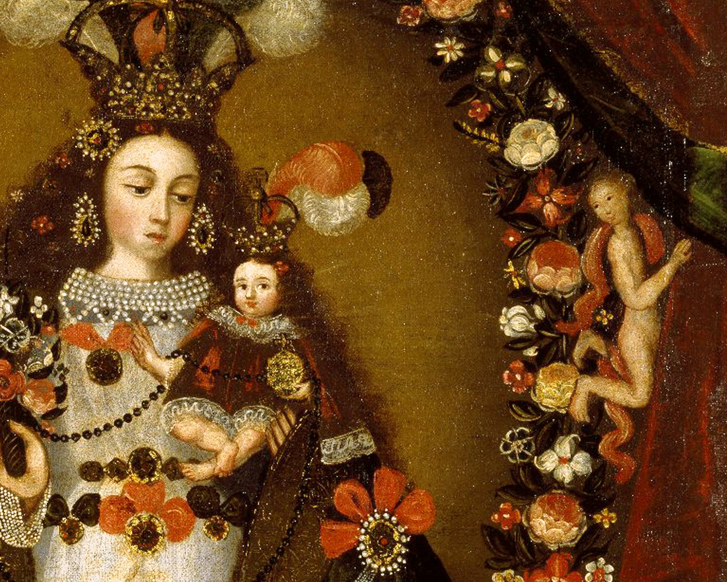 Pintura de la estatua de la Virgen de Pomata | Niño Jesús | Arte popular peruano | Icono religioso antiguo | Arte mural cristiano | Arte latinoamericano antiguo