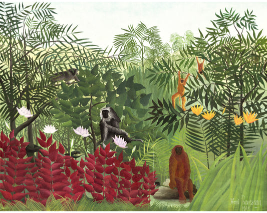 Arte de monos vintage | Bosque tropical con monos | Henri Rousseau | Arte primitivo e ingenuo | Arte mural de animales | Decoración de pared de safari en la jungla