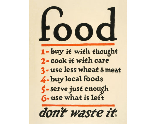 Comida: cartel "No la desperdicies" | Impresión de la Administración de Alimentos de EE. UU. | Póster de la Primera Guerra Mundial | Reglas de comida | Arte mural de cocina y comida | Tipografía vintage