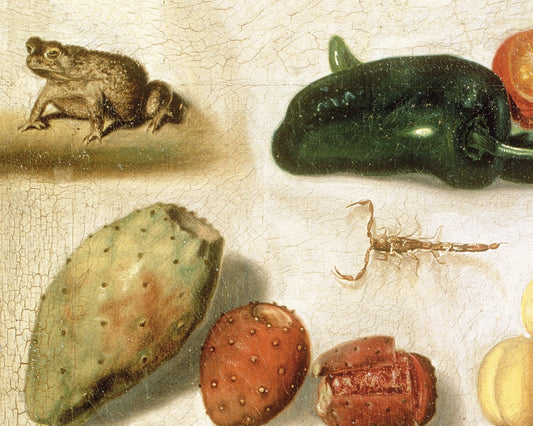 Still life with fruit (with scorpion and frog) by Hermenegildo Bustos (1874)