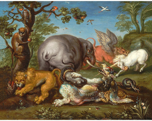 Lámina de animales míticos | Elefante luchando contra un dragón | Unicornio, grifo, serpiente, león, búho, mono | Arte de animales mágicos | Roelant Savery