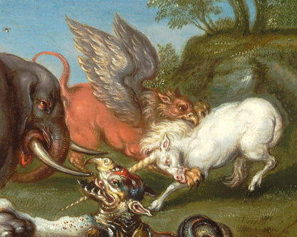Lámina de animales míticos | Elefante luchando contra un dragón | Unicornio, grifo, serpiente, león, búho, mono | Arte de animales mágicos | Roelant Savery