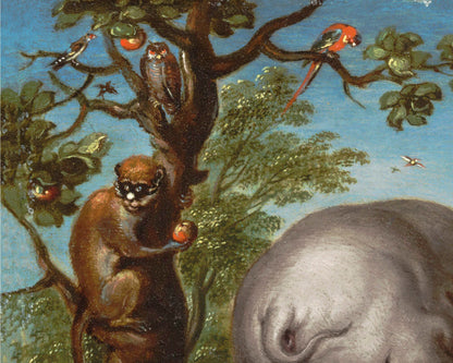 Lámina de animales míticos | Elefante luchando contra un dragón | Unicornio, grifo, serpiente, león, búho, mono | Arte de animales mágicos | Roelant Savery