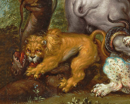 Lámina de animales míticos | Elefante luchando contra un dragón | Unicornio, grifo, serpiente, león, búho, mono | Arte de animales mágicos | Roelant Savery
