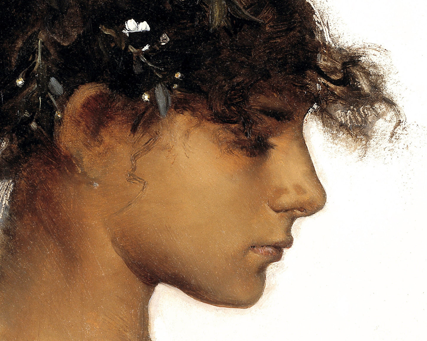 Mujer joven con flores en el pelo | Cabeza de una chica de Capri | Rosina Ferrara | Belleza exótica | Historia griega e italiana | Arte mural en retrato