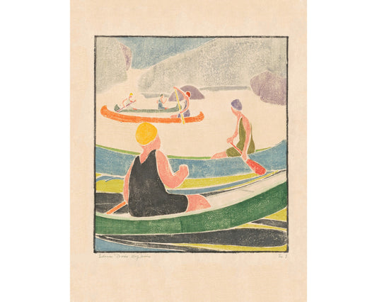 Vintage boat art | Woodblock women in canoes | Color woodcut wall art | Lake cabin wall decor | Female artist | Edna Boies Hopkins