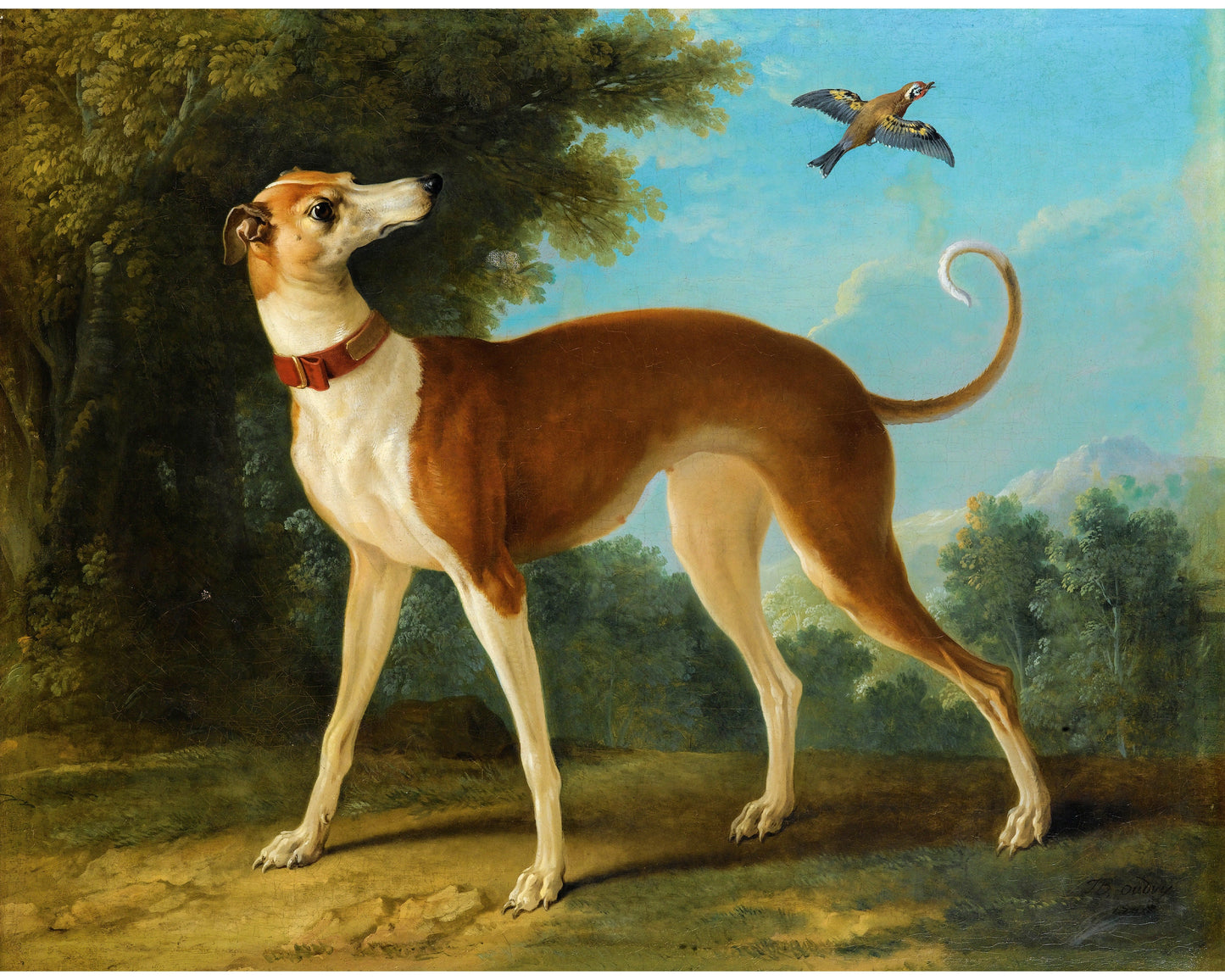 Retrato de perro antiguo | Galgo en un paisaje | Arte mural canino en la naturaleza | Arte animal antiguo | Artista francés | Jean-Baptiste Oudry