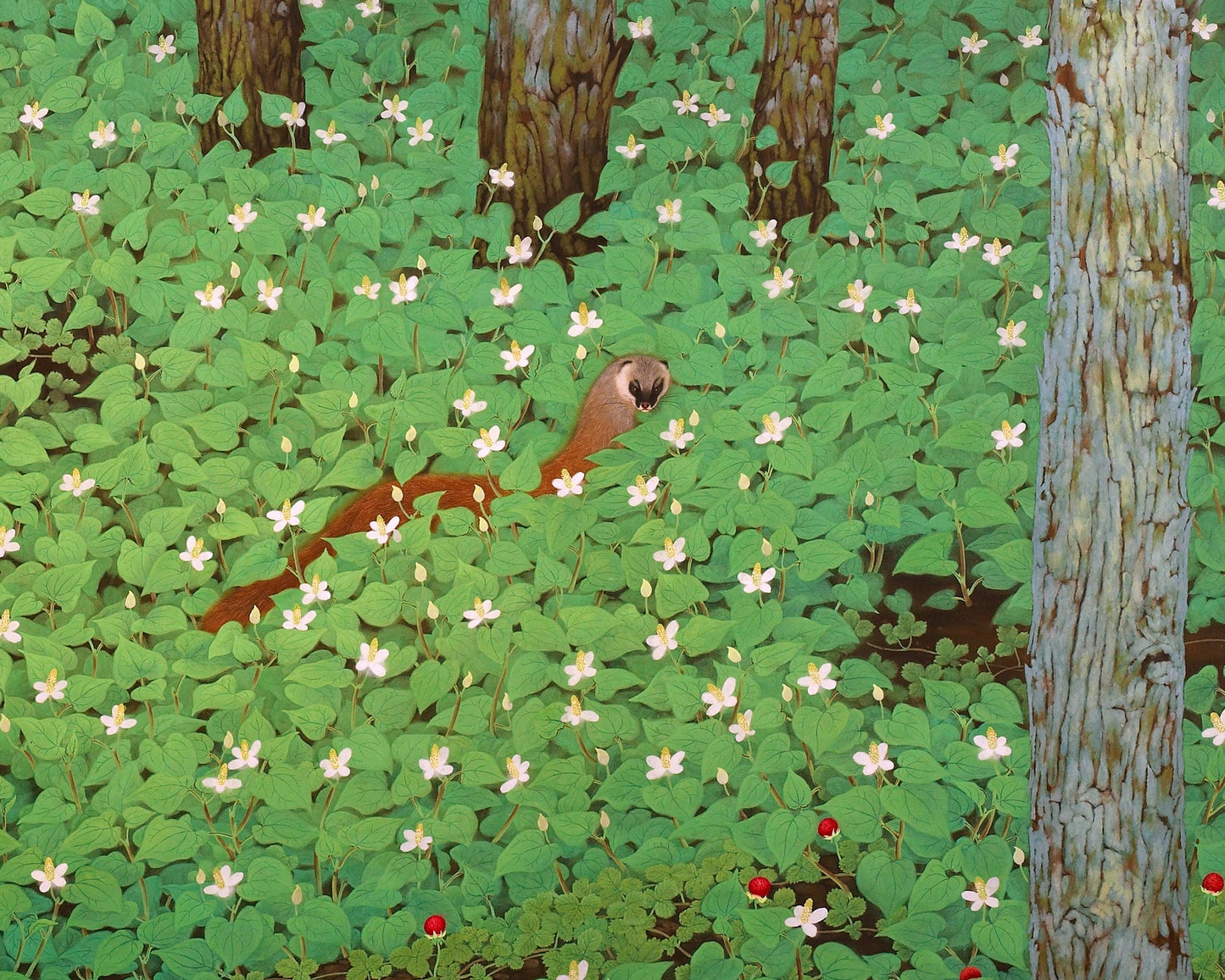 Vintage fantasy forest art print | Weasel in wild strawberries | Tree and nature wall art | Katayama Bokuyo | Asian artist