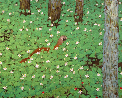 Impresión de arte vintage de bosque de fantasía | Comadreja en fresas silvestres | Arte mural de árboles y naturaleza | Katayama Bokuyo | Artista asiático