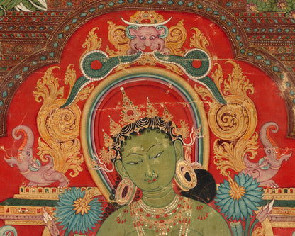 Lámina de arte tibetano | Tara verde | Diosa budista | Arte mural espiritual | Deidad femenina | Animales nepaleses antiguos | Árboles Bodhi | Arte oriental