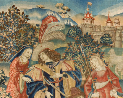Impresión artística de danza pastoral | Pastores en danza circular | Arte de tapicería medieval | Escena pastoral con perro, oveja y castillo | Textil del siglo XVI