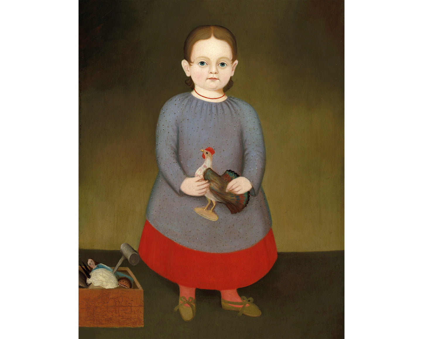 Retrato de arte popular estadounidense | Niña antigua con gallo de juguete | Arte mural americano | Niño con caja de juguetes | Pintura primitiva | Vestido rojo y gris