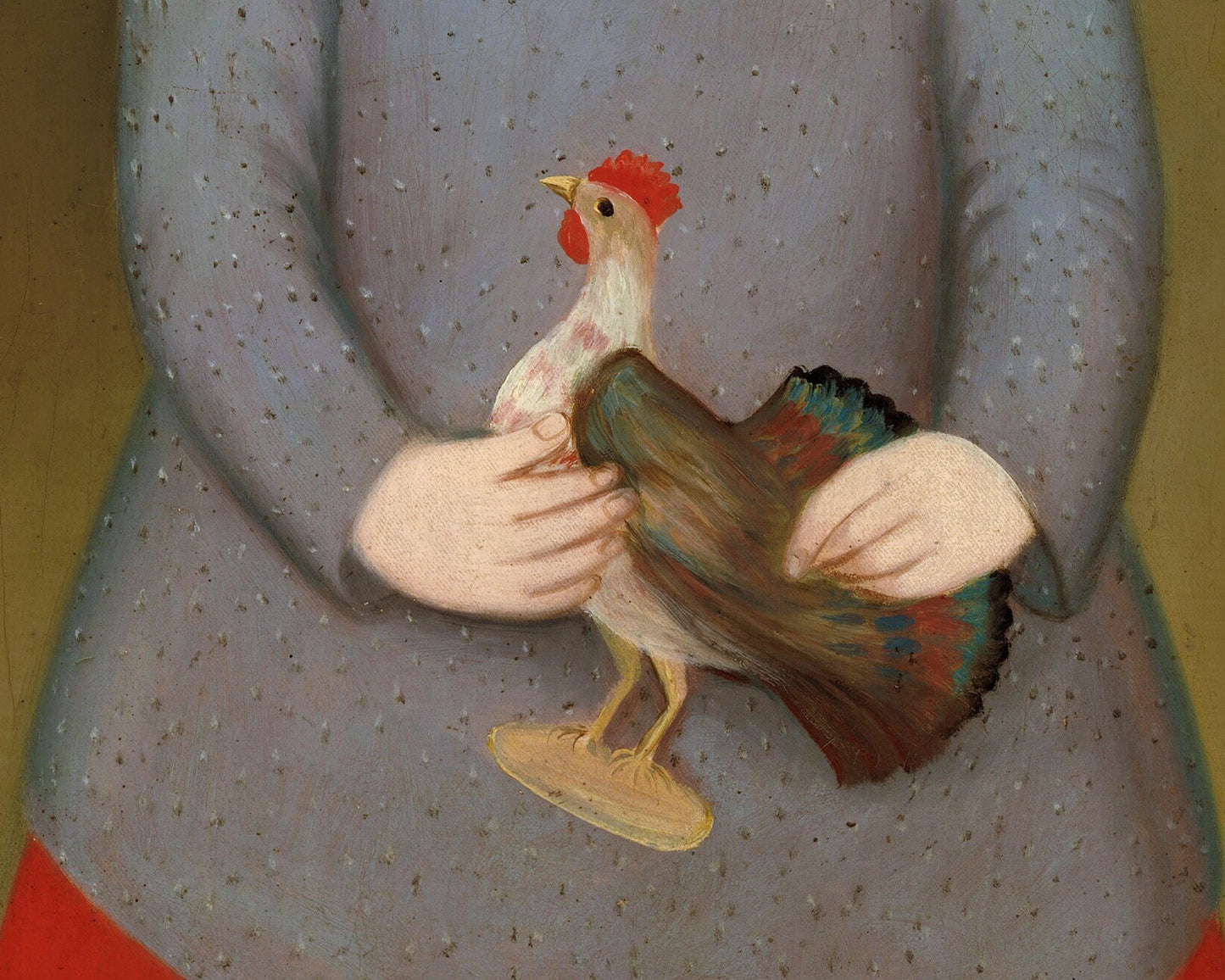 Retrato de arte popular estadounidense | Niña antigua con gallo de juguete | Arte mural americano | Niño con caja de juguetes | Pintura primitiva | Vestido rojo y gris