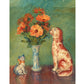 French still life | Lares et Penates |  Marigolds & Staffordshire dog | Flowers with cat, dog | Animal wall art | Art nouveau print