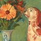 French still life | Lares et Penates |  Marigolds & Staffordshire dog | Flowers with cat, dog | Animal wall art | Art nouveau print