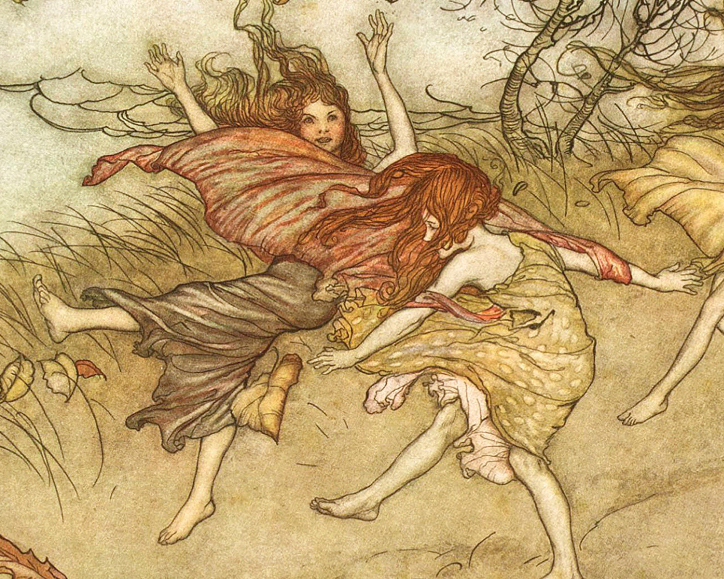 Fall fairies art print | Arthur Rackham illustration | Vintage woodland wall art | Fairytale painting | Peter Pan | Autumn wall art