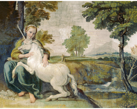 Impresión vintage de unicornio | La doncella y el unicornio | Pintura renacentista | Arte mural de fantasía | Domenichino | Artista italiano | Fresco del siglo XVII