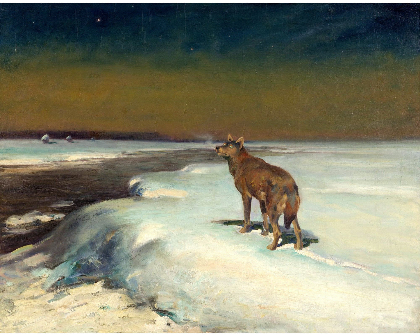 Impresión artística de lobo solitario | En febrero | Vida salvaje vintage | Pintura de invierno | Arte mural de animales | Alfred Wierusz Kowalski | Artista polaco