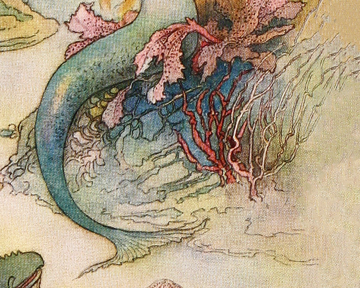 Vintage Mermaid print | Mermaid and sea serpent | Warwick Goble book illustration | Fantasy wall art | Cabin, lake, bathroom decor