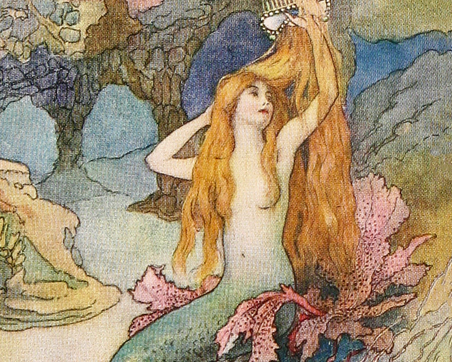 Vintage Mermaid print | Mermaid and sea serpent | Warwick Goble book illustration | Fantasy wall art | Cabin, lake, bathroom decor