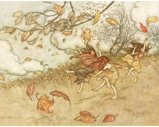 Lámina de hadas de otoño | Ilustración de Arthur Rackham | Arte mural vintage de bosques | Cuadro de cuentos de hadas | Peter Pan | Arte mural otoñal