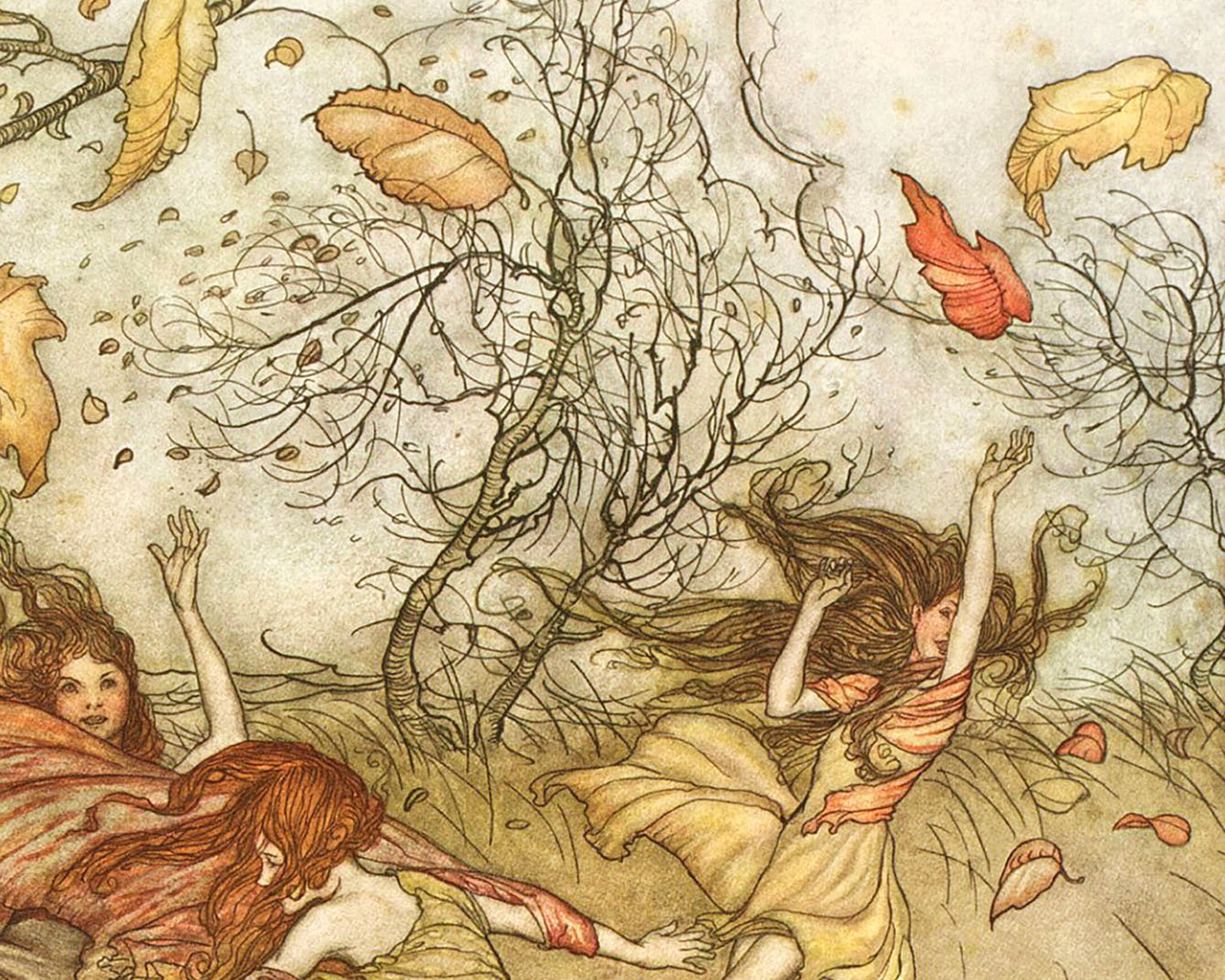 Fall fairies art print | Arthur Rackham illustration | Vintage woodland wall art | Fairytale painting | Peter Pan | Autumn wall art