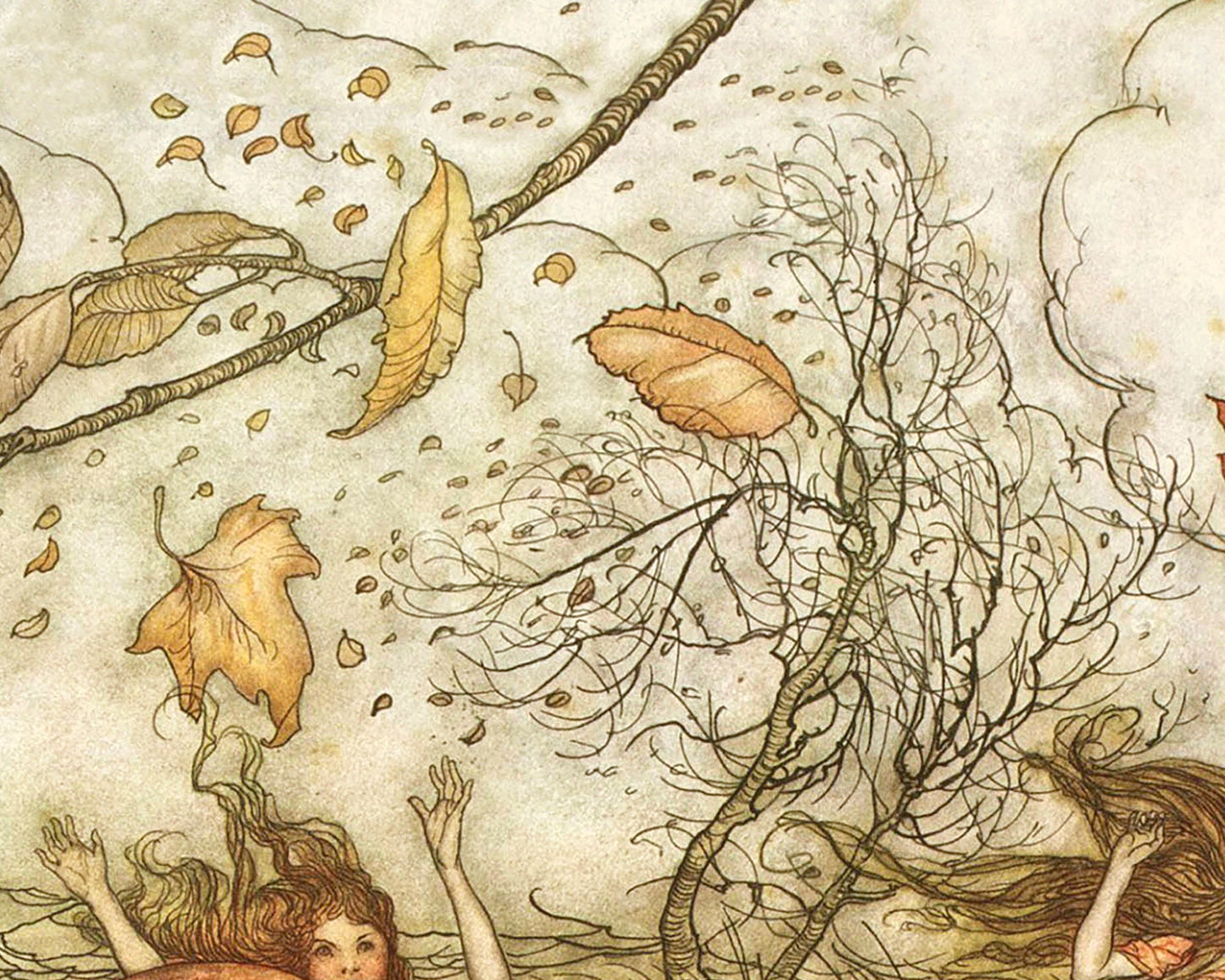 Lámina de hadas de otoño | Ilustración de Arthur Rackham | Arte mural vintage de bosques | Cuadro de cuentos de hadas | Peter Pan | Arte mural otoñal